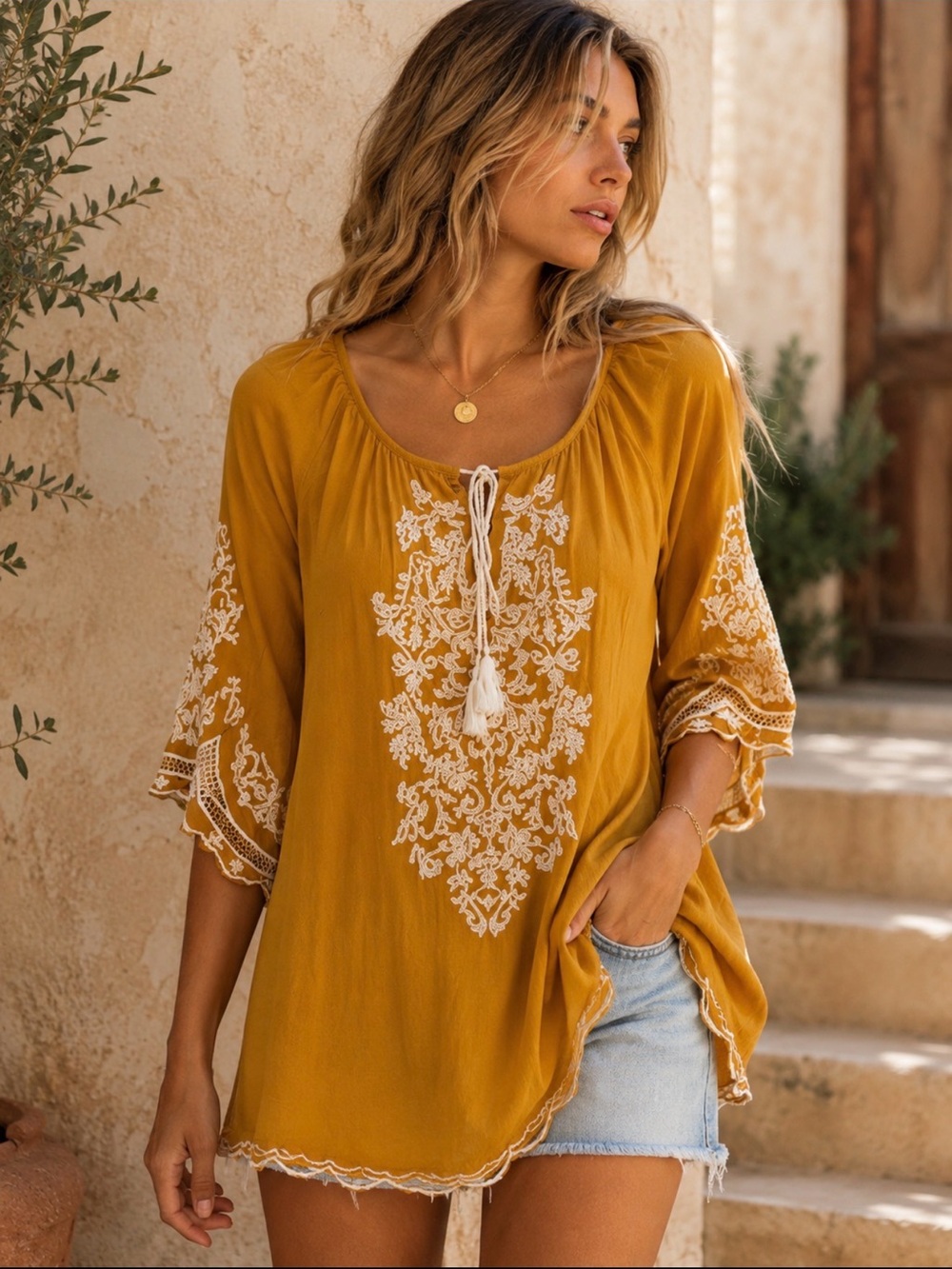 Chic Connection California Boho Embroidered Dress Top M Mustard Lace Peasant